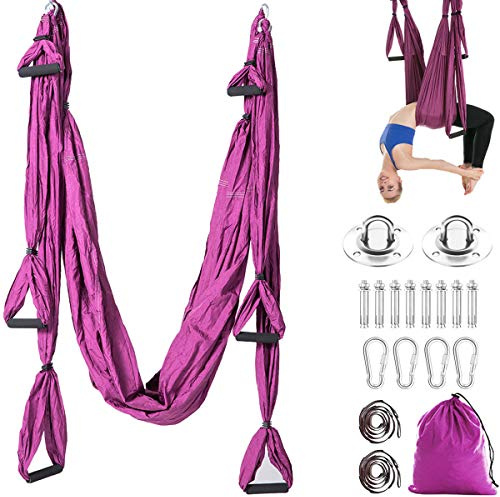 Aerial Yoga Swing Set Trapeze Hammock Kit Ultra Strong Antigravity Flying Sling Swing Tools for Air Yoga Inversion Exercises Fitness (Deep Purple)
