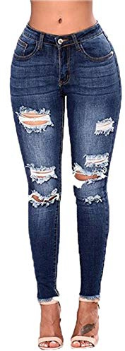 WAEKQIANG Push-up jeans med hög midja damer slim fit jeans damer rippade elastiska smala jeans sexig retro, Blå, S