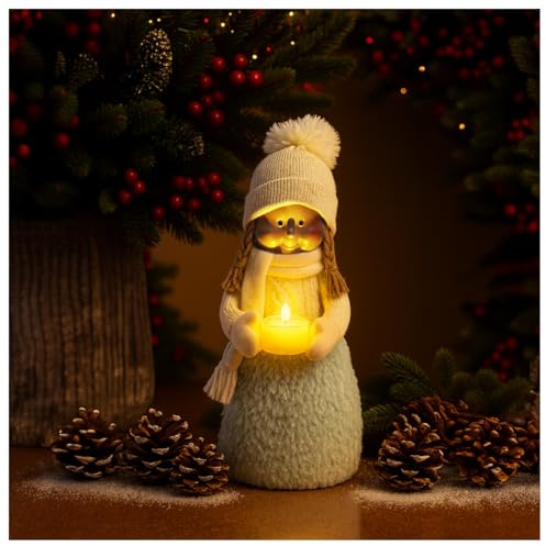 com-four® Decorazione Natalizia Ragazza con Candela - Figura Natalizia in Piedi - Figura Decorativa Natalizia - Figura in Piedi con Luce LED tremolante (Taglia 1 - Bambina Blu)