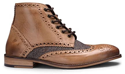 Bottines pour Homme Cuir véritable Style Brogues Vintage années 20 Daim Tweed Lacets Chic habillé - Marron Clair - Tweed 44 EU