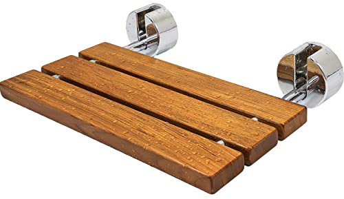 HomeAesthetics 20 Teak Wood Folding Wall Mounted Shower Seat Bench, Medical Wall Mount Foldable Fold Up Chair Bathroom Stool Foldaway Shower Seating, Clear Coated for Protection and Premium Smooth Fi