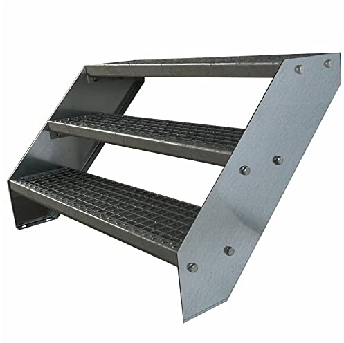 Premium Caillebotis acier Escalier à limon 3 Marches Entièrement galvanisé - Dimensions (L x l x H) 63cm x 60cm x 57cm Résistant aux intempéries et protégé contre la corrosion