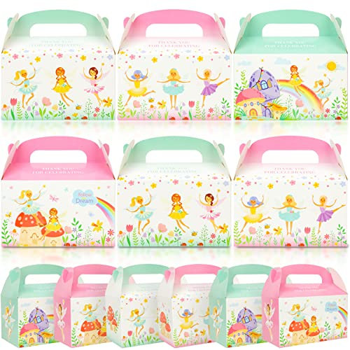 Qpout 12pcs Flower Fairy Party Boxes Empty Sweets Boxes for Kids Party, 6.3x3.7x3.7x3.7 Inch Party Lunch Boxes Party Food Boxes, Girls Birthday Wedding Baby Shower Party Candy Cake Packing Boxes