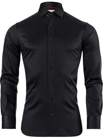 Vincenzo Boretti Camicia, Body-Fit/Taglio Molto Aderente, Elastico, Motivo a Spina di Pesce - Facile da Stirare Nero 39-40