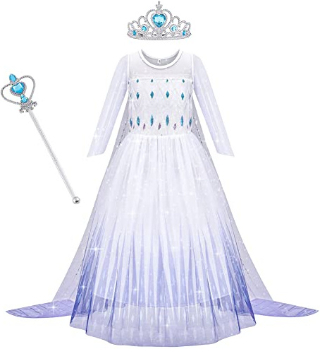 AOOWU Déguisement Princesse Fille Robe de Princesse, Robe de Princesse avec Accessoires Cosplay Couronne Baguette Noël Halloween Fête avec Accessoires(110cm)