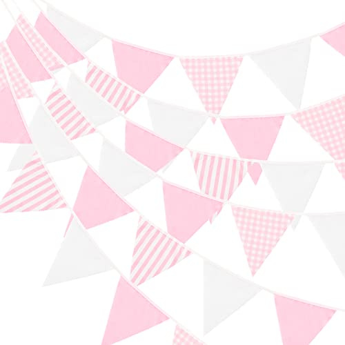 G2PLUS 12M Pink and White Stripe Fabric Bunting - 42PCS Cloth Gingham Bunting - Cotton Stripe Banner Pennant - Large Triangle Garland Banner for Kid's Bedroom Playhouse, Valentine's Day Party Decor