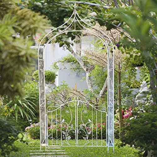 Gartenlauben aus Metall, Hochzeitsbogen mit Tür, Gartenbogen/Rosenbogen, for Rosen, Kletterpflanzen, Obst, Torbogen oder Erbsen, weiß