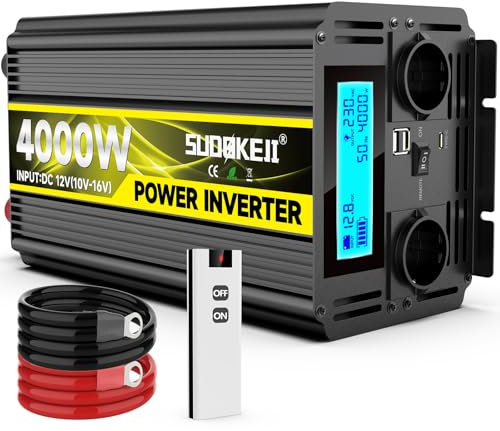4000W Modifizierter Sinus Wechselrichter 12V auf 230V Spannungswandler Power Inverter mit LCD-Bildschirm & Fernbedienung & Dual 2.4A USB-Anschlüsse EU-Steckdose