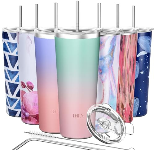 THILY Stainless Steel Vacuum Insulated Tumbler Travel Mug 26 oz Coffee Cup with 2 Lids and Straws, Splash Proof, Keep Ice Drinks Cold, Candy Pink