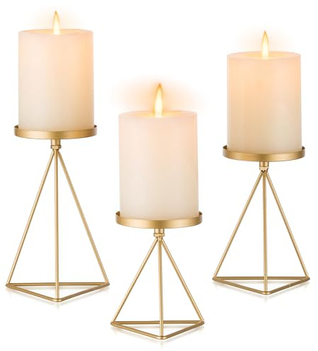 Inweder Portavelas para Velas de Pilar: 3 Piezas Portavelas de Oro Candelabro Geométrico Bandeja Vintage para Velas Portavelas de Metal para Centro de Mesa Chimenea Boda Navidad Decoración del Hogar