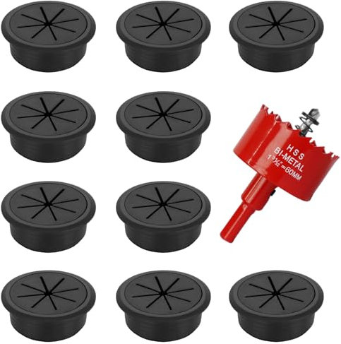 10 Pcs Desk Grommet 60mm, Cable Hole Cover with Hole Saw, Round Desk Cable Grommet for Home, Office, School, Meeting Room, (Black)