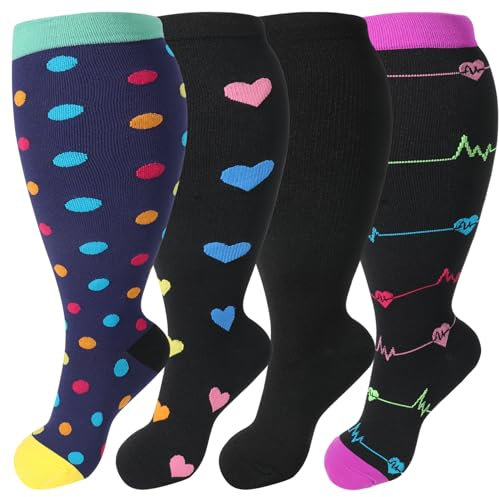 Yamitora 4 Paar Kompressionssocken Damen und Herren, 3XL 20–30 mmHg Kompressionsstrümpfe Dicke Waden, Stützkniestrümpfe Damen für Flugreisen, Sport