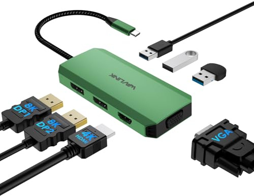 Docking Station USB C 2 DP +HDMI +VGA 4 Monitore, WAVLINK 7 in 1 Laptop USB C Docking Station mit 8K60Hz DisplayPort, 4K60Hz HDMI, 1080P 60Hz VGA, 3 USB 2.0 A für Dell/HP/Lenovo/MacBook/Surface