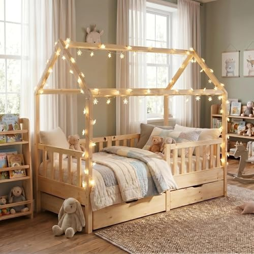 FUSIDE Wooden House-Shaped Toddler Bed with Guardrails and Under-Bed Storage Drawers, Natural (Natural)
