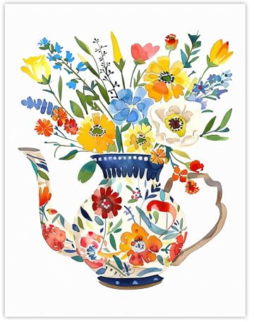 Artery8 Colourful Flower Bouquet in Floral Teapot Vase Kitchen Large Wall Art Poster Print Thick Paper 18X24 Inch