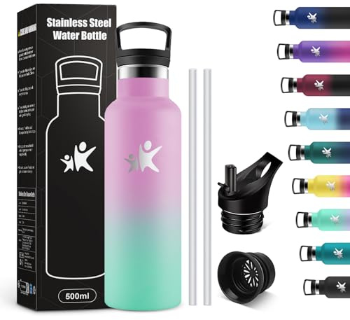 KollyKolla Edelstahl Trinkflasche Kinder 500ml, Vakuum Thermosflasche mit Strohhalm, BPA-Frei Thermosflasche Doppelwandig, Kohlensäure Geeignet, Isolierflasche für Camping, Fahrrad, Fitness, Sprudel