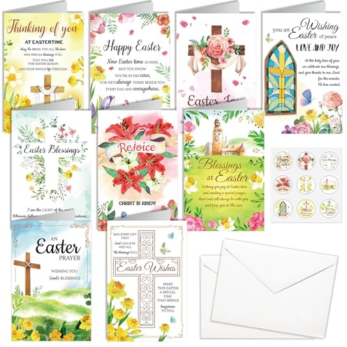 HOWAF 18 biglietti di auguri pasquali Lui è risorto, biglietti religiosi con croce pasquale con buste e adesivi, biglietti regalo di Pasqua cristiana, biglietti di auguri con messaggi biblici per
