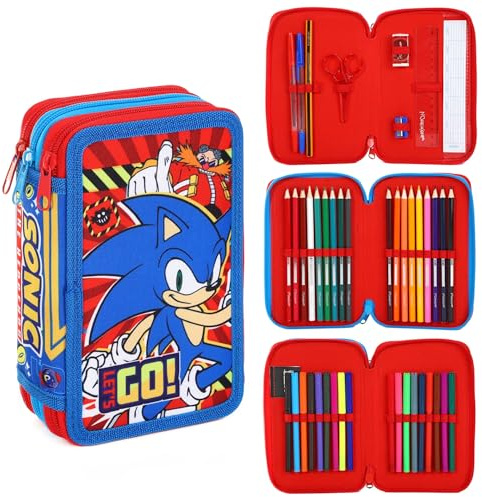 Soniskt fyllt pennfodral fullt brevpapper skolmaterial set för barn 3 nivåer med pennor, pennor och markörer Sonic The Hedgehog pojkar karaktär temaset