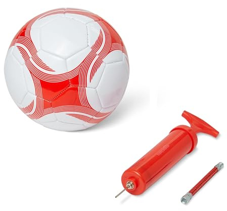 Amazon Basics Ballon de Football Taille 3 avec Pompe - Construction en PVC, Vessie en Butyle, Ballon d'Entraînement Cousu à la Machine, Usage Intérieur/Extérieur, Blanc et Rouge