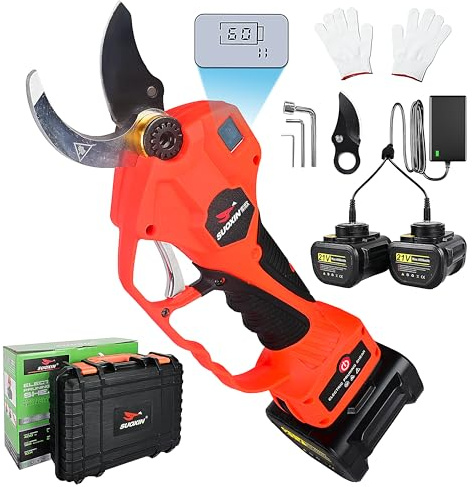 Trådlös elektrisk sax, 3 cm skärning, 400 W borstlös motor, 2 batterier 4 500 mAh, teflonbelagt SK5-blad, handskydd, lätt och ergonomisk