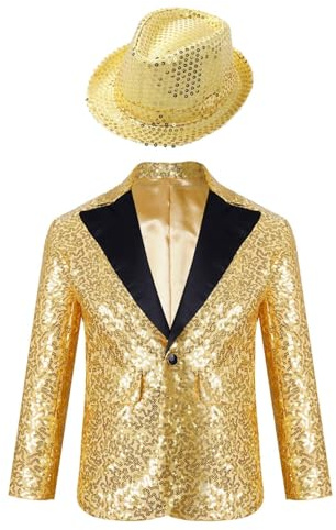 Yihuimin Chaqueta de Traje para Chicos Blazer Con Sombrero Lentejuelas Para Boda Noche Ceremonia Actuación Abrigo Sakko Años, dorado, 146-152