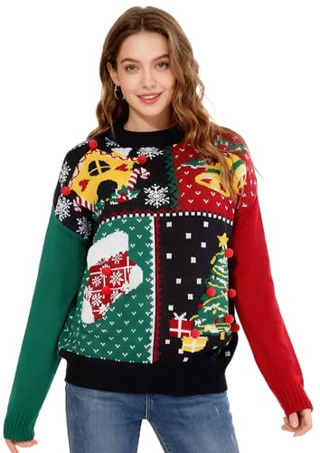 Moerstar Jersey de Navidad para Mujer, Jersey Navideño de Cuello Redondo y Manga Larga Otoño Invierno con Campanas, Renos y Árbol de Navidad, Jerséis Navideños para Mujer, E, M