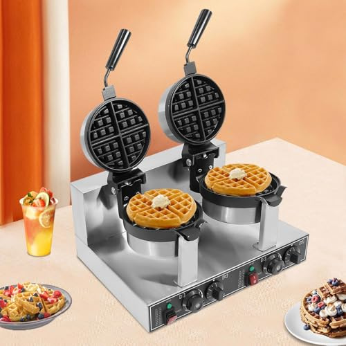 Sunseota Piastra per Waffle Doppia Rotante Commerciale, Macchina per Waffle 2400W con Rivestimento Antiaderente, 20cm Diametro & 2cm profondità, 110V/220V, 50-300℃, Acciaio Inossidabile 201