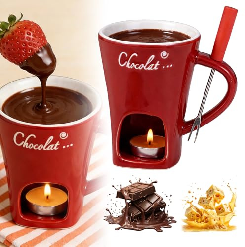 FARYODI Chokladfondue-kopp, set med gafflar, 135 ml keramisk chokladfondue-kopp för choklad, ost, smör, karamell (röd chokladfondue-kopp)