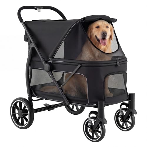 COSTWAY Dog Stroller, 96x71x102.5cm Foldable Dog Pushchair with Adjustable Mesh Canopy, Storage Pockets, Safety Belt, Pet Travel Buggy for Medium and Large Dogs (Black)