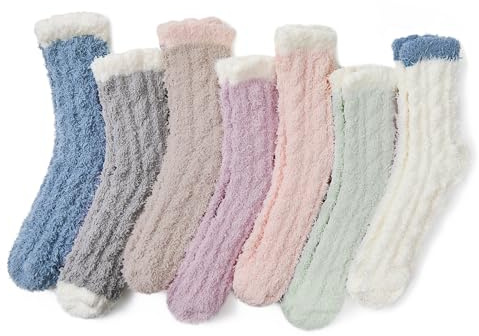 Azue Womens Fuzzy Socks Cozy Fluffy Sock Winter Warm Slipper Sock Soft Home Sleeping Socks((01) 7 Pairs Patchwork)