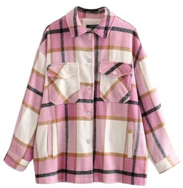 ORANDESIGNE Chemise à Carreaux Femme Chemise Blouse Chic avec Bouton à Manches Longues Cardigan à Carreaux en Flanelle A Rose XS