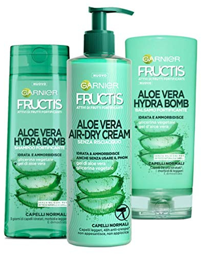 Garnier Fructis Routine Hydra Bomb, Komplett-Set mit Shampoo, Conditioner und Behandlung ohne Ausspülen, für normales Haar, mit Aloe Vera Gel und pflanzlichem Glycerin