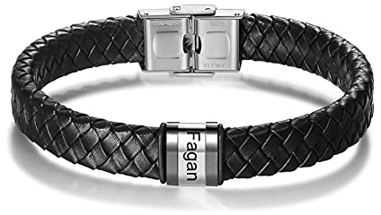 kaululu Bracciale Pelle Uomo Personalizzato in Argento con Famiglia Coppia Nomi Incisione Braccialetti Uomo con Nomi per Padre Fidanzato Migliore Amico Personalizzati Bracciali (Argento-1)