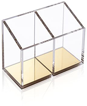 Mouchoi Modern Acrylic Pen Holder with 2 Compartments Gold Base, Multifunctional Pencil Holder for Desk Gold Mirror, Makeup Brush Holder, Marker Holder for Office, Classroom, Home