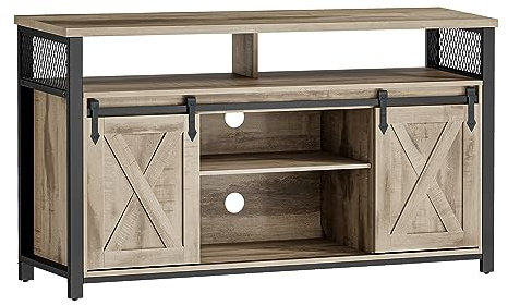 VASAGLE Mueble de TV, Mesa de TV hasta 60 Pulgadas, Soporte de TV con Estantes Ajustables, Puertas Correderas, Marco Metálico, Marrón Roble y Negro LTV46B50
