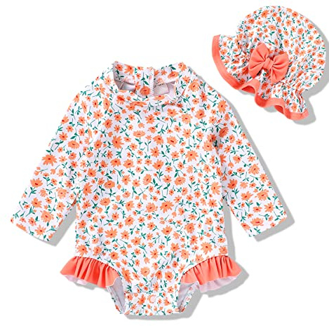 Infant Baby Girl Swimsuit One-Piece Long Sleeve Rash Guard with Hat Set Floral Zipper Bathing Suit Leopard Beach Wear(Orange, 0-3M)