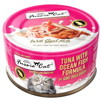 Fussie Cat Super Premium Canned Wet Cat Food in Goat Milk Gravy -2.47 oz Cans - Case of 24 Pack (Tuna & Oceanfish), Lid