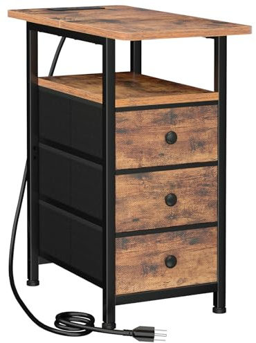 AMHANCIBLE End Tables Living Room with Charging Station, Narrow Side Table with USB Ports and Outlets, Slim Nightstand with 3 Fabric Drawers for Bedroom, Small Space, Rustic Brown, HETN013BR-1