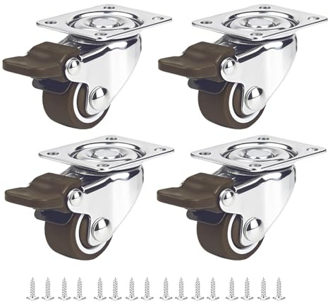 Luxinika 1 Inch Caster Wheels for Furniture, Silent Bearing Swivel Plate Casters Set of 4 Heavy Duty Load 99 Lbs, No Noise Rubber Caster Wheels for Small Furniture (4 with Brakes)