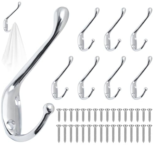GOTRUST 8pcs Crochet de Manteau Murale Vintage Argent, Crochets de Mural Rétro Double Métal, Crochets Muraux Patère avec 32 Vis, Crochet Métal de Porte Chapeau pour Mural Salle de Bain Cuisine