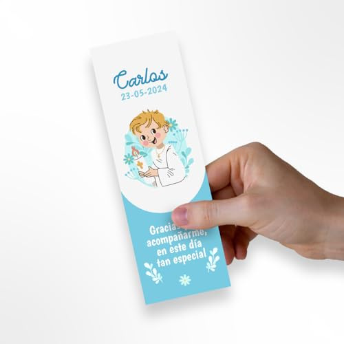 Detalles de Comunión para Invitados: Marcapáginas Personalizados en Cartulina 350gr - Elección de Diseño Niño/Niña/Unisex, Personaliza con Nombre y Fecha, Packs de 25 unidades (Azul)