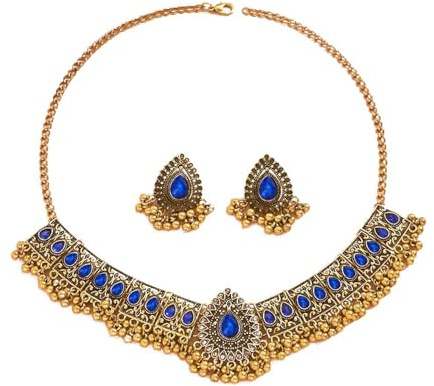 Set di gioielli da sposa indiani tradizionali boemia per donne e ragazze argento antico ossidato collana orecchini pompon bollywood girocollo punk cristallo regalo trendy, 3.6 cm x 2.3 cm, Metallo
