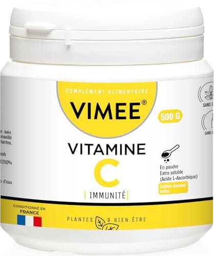 Vitamine C en Poudre Vimee - Acide L-Ascorbique Pur et Naturel Extra Soluble - Complément Alimentaire Immunité, Energie, Stress - 500 G - 500 Jours