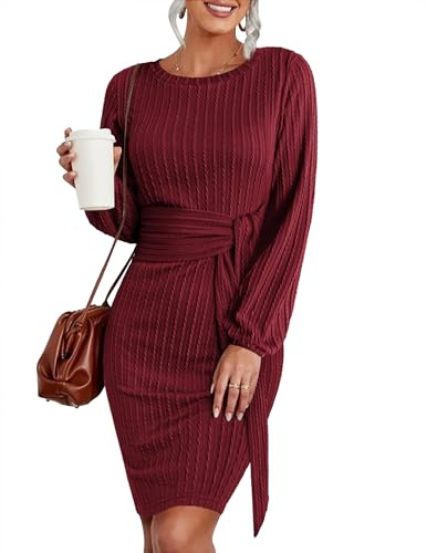 HOTOUCH Jumper Dress for Women Elegant Winter Knitted Dresses Ladies Sweater Round Neck Long Sleeve Bodycon Dress Midi Wine Red M