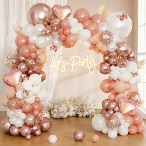 QIFU Rose Gold Balloon Arch Kit - 124pcs Rose Gold Birthday Balloons Arch | Pink and White Balloons Butterfly Sticker, Birthday Balloon for Women Girls Baby Shower, Engagement, Christening, Wedding