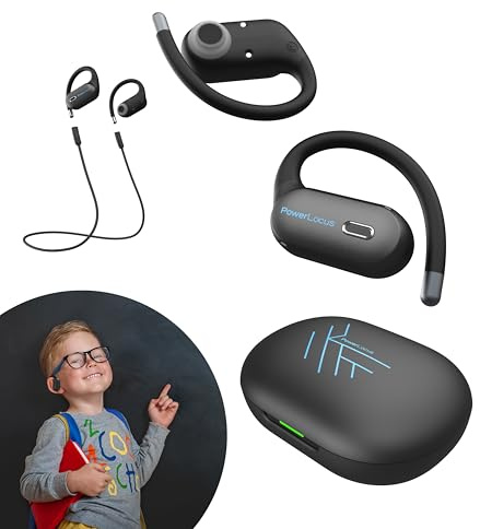 PowerLocus Cuffie Wireless Open Ear per Bambini, 85dB Volume Limitato, Auricolari Bluetooth Orecchio Aperto con Gancio Flessibile, HD Stereo Suono, Vestibilità Comoda, ENC Microfono e Impermeabile