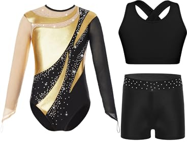 Fldy Flicka gymnastikdräkt långärmad med korta byxor barn glitter gym kostym med shorts sport bh set gymnastik danskläder, Guld, 134-140