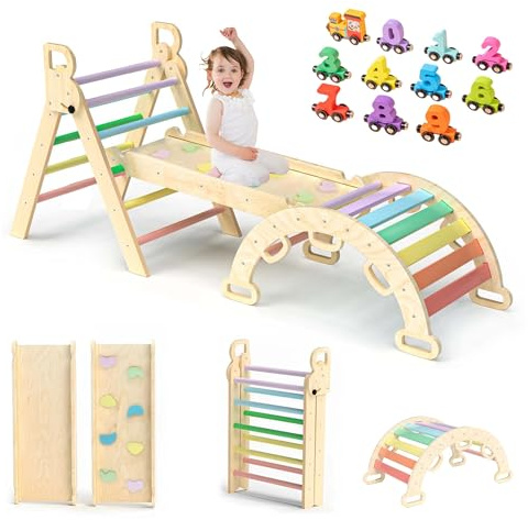 Climbing Frame Toddlers Triangle Set 7 in1 Baby Climbing Frame Wooden Play Gym Toys, Kids Play Equipment for Outdoor Indoor Foldable