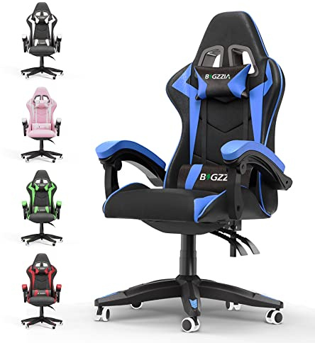 bigzzia Ergonomic Gaming Chair - Gamer Chairs with Lumbar Cushion + Headrest, Height-Adjustable Office & Computer Chair for Adults (without footrest, Blue)