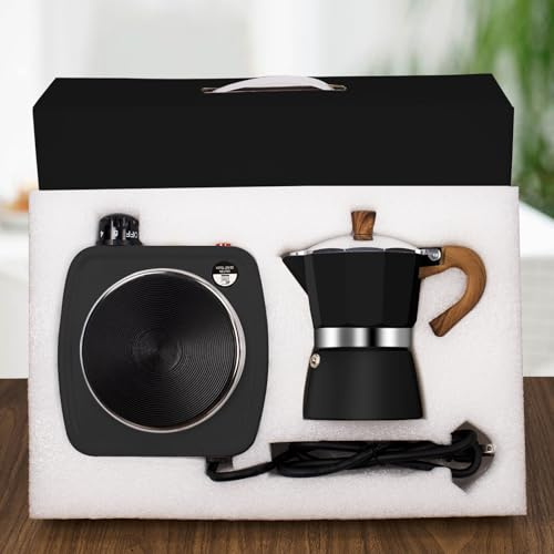 DITOSH 2-in-1 Moka Pot Espresso Set with Electric Stove 3 Cup Aluminum Stovetop Coffee Maker Percolator Italian Classic Mocha Coffee Machine for Italian and Cuban Cafe Brewing Portable Camping Black